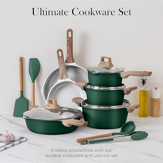 Country Kitchen Pots and Pans Set Nonstick Cast Aluminum Kitchen Cookware Set with Utensils 14 Pcs Non Stick Cooking Set w/Frying Pans &amp Saucepans Sage