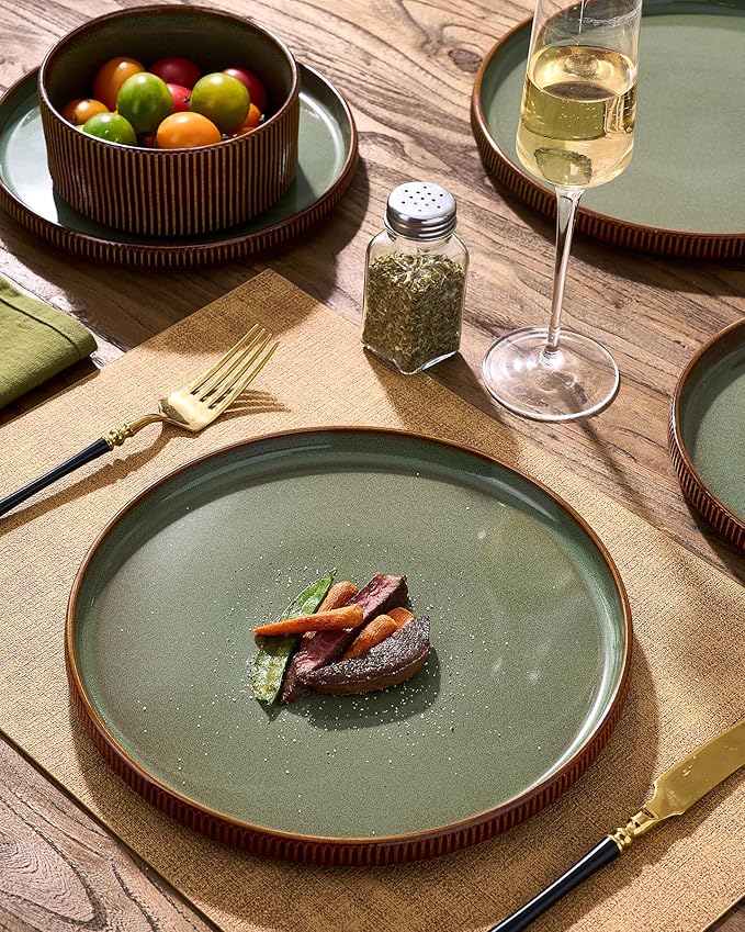 Stoneware Plates and Bowls Dishes Sets Service for 6 (18-Piece) Famiware Premium Handcrafted Reactive Glaze Dinnerware Set with Raised Rim Scratch Resistant Microwave Dishwasher Safe Moss Cocoa
