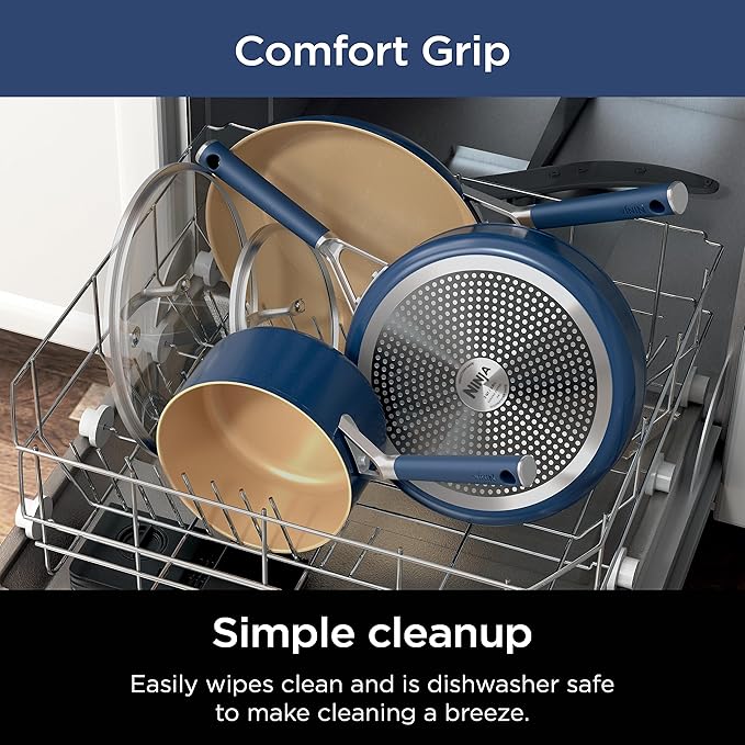 Ninja Extended Life Ceramic 8 Fry Pan with Comfort Grip Nonstick Fry Pans Pots PTFE Free Healthy Cooking Oven Safe Dishwasher Safe All Stovetops &amp Induction Compatible Navy Blue CW40020