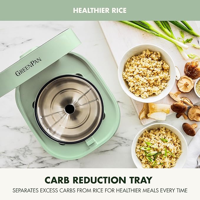 GreenPan Rice Cooker 8 Cups Cooked (4 Uncooked) Low-Carb &amp Soup Mode10 ONE-TOUCH Cooking Presets PFAS-Free Ceramic Steamer Basket Fuzzy Logic Auto Keep Warm Oats 24HR Delay Timer Mint Gre