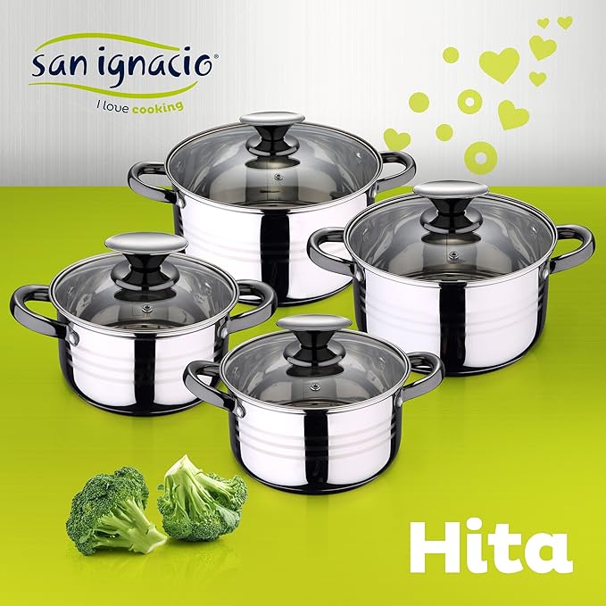 San Ignacio Jolie 8-Piece Cookware Suitable for Induction Hita in Stainless Steel with Set of 12 Silicone Lids
