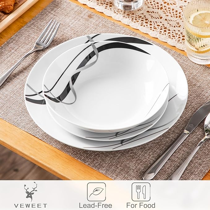 VEWEET Porcelain Dinnerware Sets for 6 18 Pieces Plates and Bowls Set with Black and Grey Ribbon Lines Dishes Set Dining Ware for Dinner Microwave and Dishwasher Safe Series FIONA
