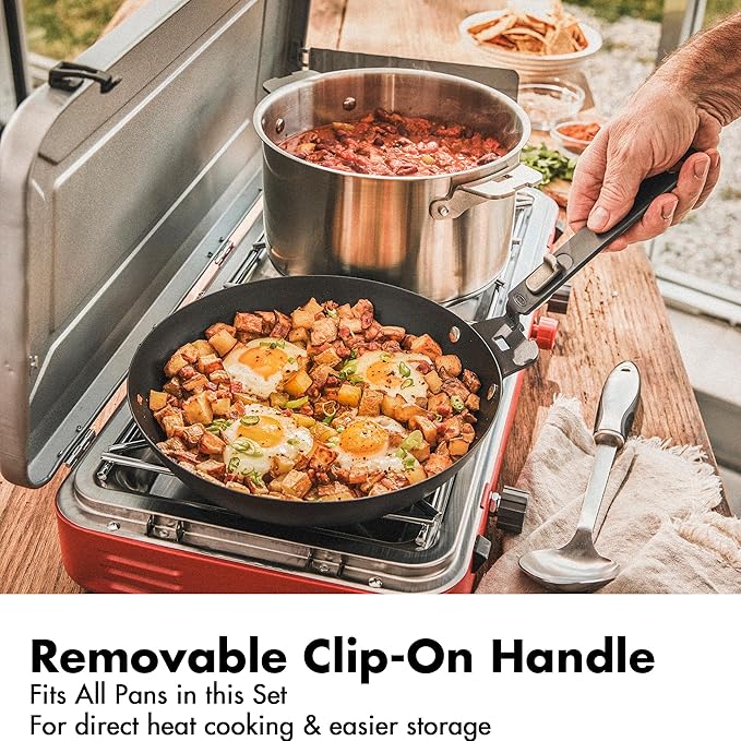 OXO Outdoor 8 Piece Camping Cookware Set 10 Pre-Seasoned Carbon Steel Frying Pan Skillet 2.25QT and 5QT Stainless Steel Saucepans with Lids Removeable Handle Trivet Travel Bag Space-Saving