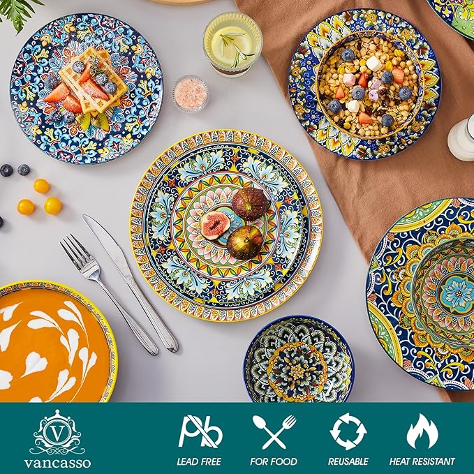 vancasso 24 Pieces Dinnerware Sets Plates and Bowls Set Porcelain Dishes Set for 6 Microwave and Dishwasher Safe Scratch Resistant Bohemian Style Dining Ware Service for 6 Series SIMI