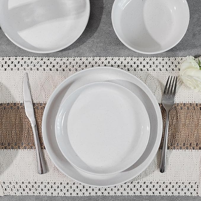 12pcs Ceramic Plate and Bowl SetsStoneware Dinnerware SetsService for 4Ceramic Kitchen Dinner SetPorcelain Dishes SetMicrowave&ampDishwasher SafeWhite