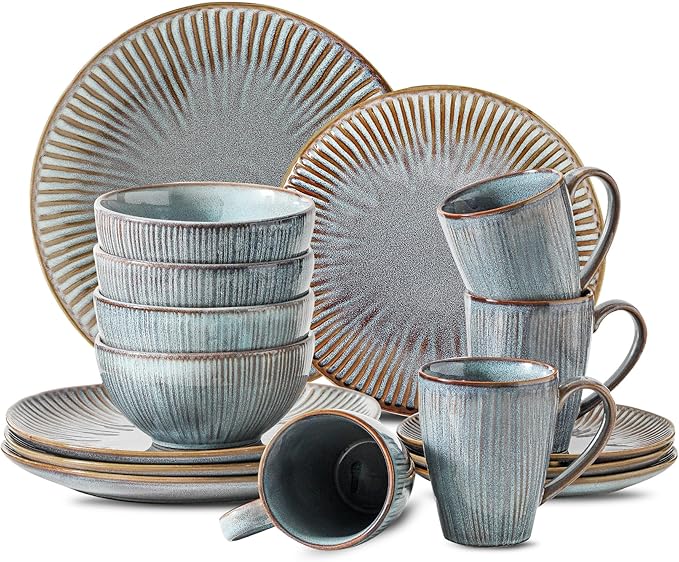HVH Stoneware Dinnerware Sets 16 Pieces Plates and Bowls Sets Kitchen Dishes Set for 4 Dinner Dessert Plates Cereal Bowls and mugs for Party and Dinner Farmhouse Style (Wabi sabi)