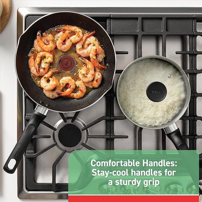 T-fal Initiatives Nonstick Cookware Set 18 Piece Oven Broiler Safe 350F Kitchen Cooking Set w/Fry Pans Saucepans Saute Pan Dutch Oven Griddle Pots and Pans Home Dishwasher Safe Red