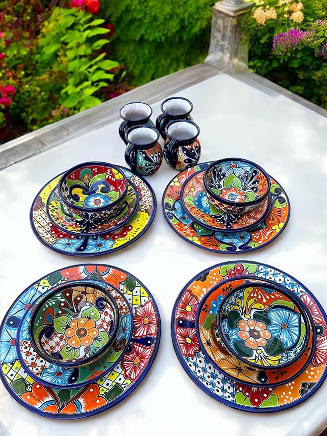 16-Piece Talavera Dinnerware Set | Hand-Painted Mexican Pottery with 4 Large 11.5” Plates 4 Small 8” Plates 4 Bowls and 4 Mugs | Unique Artisan-Made Ceramic Dish Set