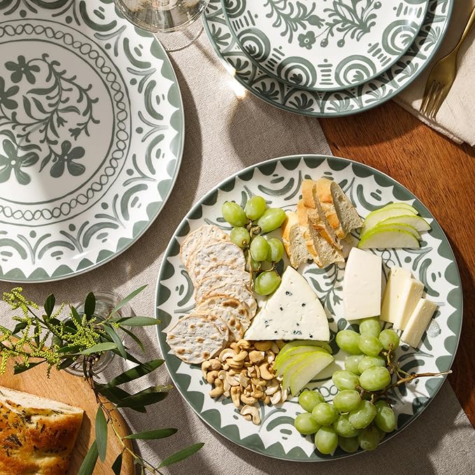 Bloomhouse - 2-Time Oprah’s Favorite Things - Valencia Flor 2 Piece 13” Serving Platter Set Stoneware Platters Mediterranean Floral Decal Design Microwave &amp Dishwasher Safe Fern Green