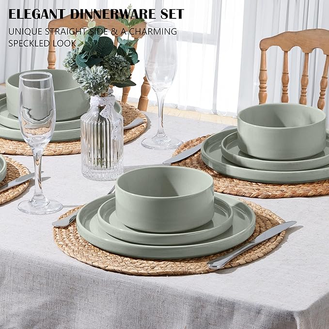 E-far Stoneware Dinnerware Sets with Pasta Bowls Set of 4 Bundle 12PCS Plates and Bowls Dish 35oz Ceramic Large Salad Bowl Plates for Serving Soup Dinner Microwave &amp Dishwasher Safe Speckled G