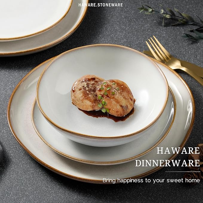 HaWare Plates and Bowls Set Stoneware Dinnerware Sets 18-Piece Hand-painted Dishware for 6 Scratch Resistant Ceramic Dinner Set for Home Kitchen Microwave and Dishwasher Safe Reactive Pearl White