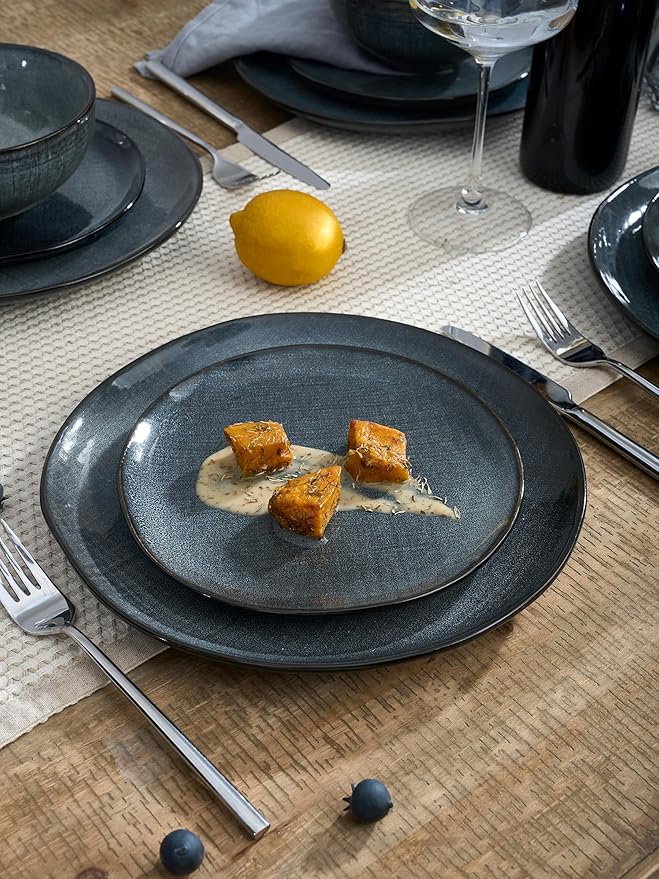 Famiware Moonlight Plates and Bowls Sets 18 Pieces Stoneware Dinnerware Sets with Linen Finish Handmade Dishware set for 6 Microwave and Dishwasher Safe Scratch Resistant Tableware Dark Blue