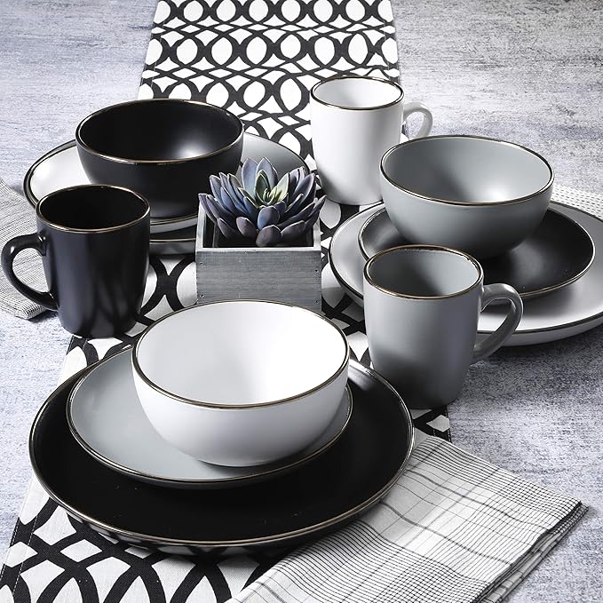 Gibson Home Rockaway 16-Piece Round Stoneware Dinnerware Set Service for 4 – Grey with Gold Rim Plates and Bowls Microwave &amp Dishwasher Safe