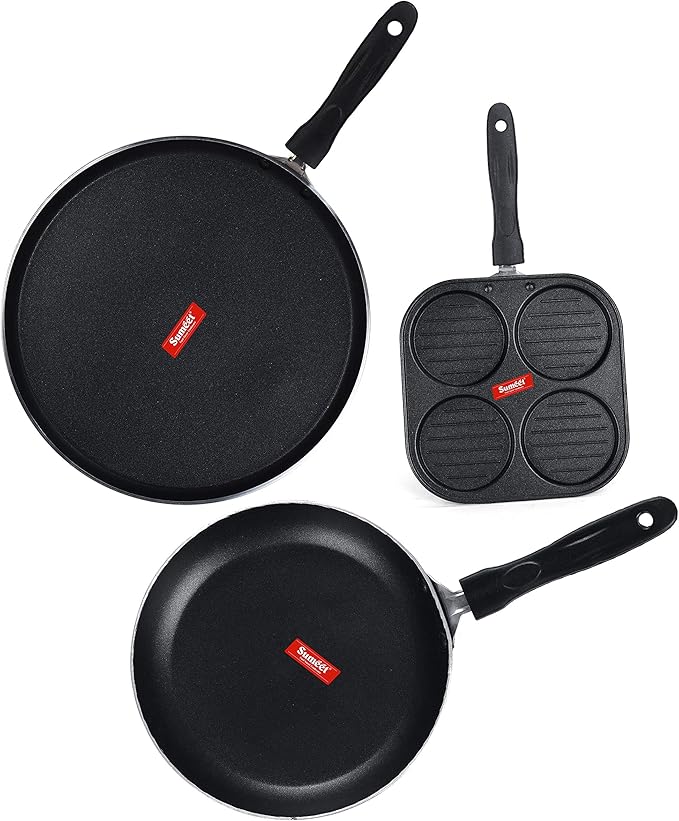 Sumeet NonStick Grys Cookware Set (Dosa Tawa - 26.5Cm Dia + Mini Multi Snack Maker - 4 Cavity -19.5cm + Tapper pan - 0.6Ltr - 20Cm Dia)