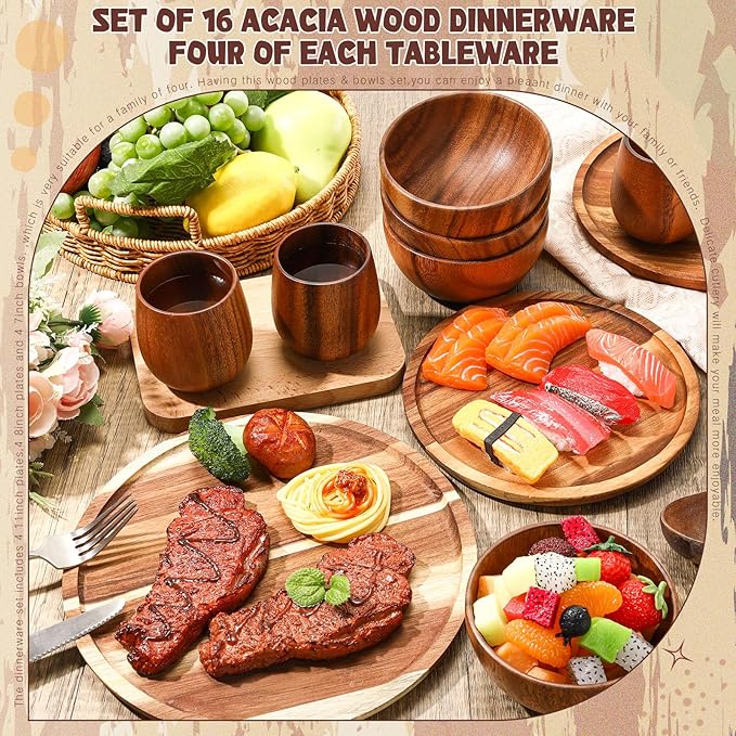 Maxdot 24 Pcs Acacia Wood Dinnerware Set Round Wooden Plates Solid Wooden Bowls and Tea Cups Acacia Wood Tableware Supplies Lightweight for Dishes Snack Dessert Set for 4