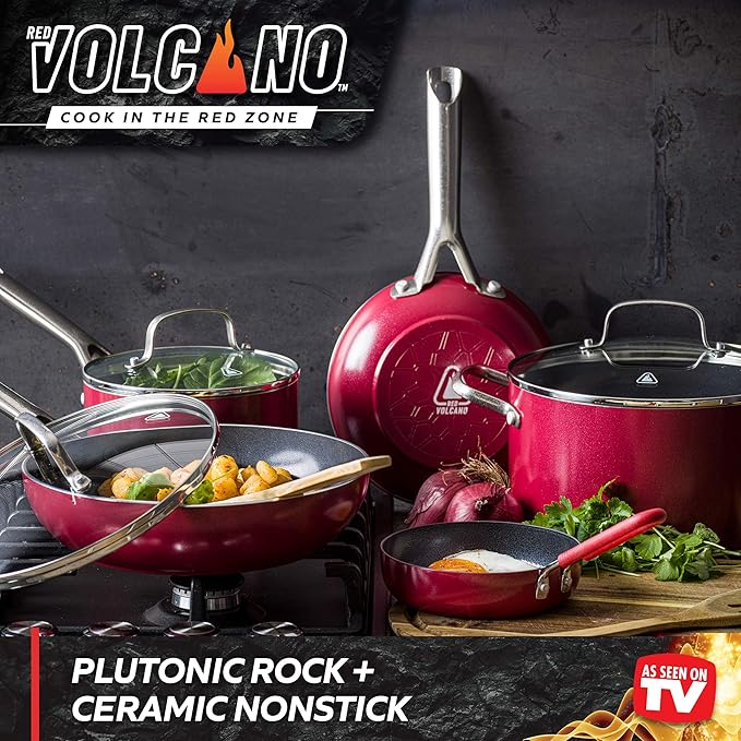 Textured Ceramic Nonstick 10 Piece Cookware Pots and Pans Set with Stainless Steel Handles PFAS PFOA &amp PTFE Free Dishwasher Safe Oven &amp Broiler Safe to 600 Degrees Red