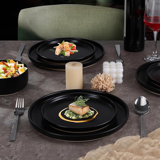 LIANYU Plates and Bowls Sets for 2 6 Piece Stoneware Dinnerware Set Porcelain Dishware for Kitchen and Dining Microwave Oven Dishwasher Safe High temperature &amp Scratch Resistant Matte Black