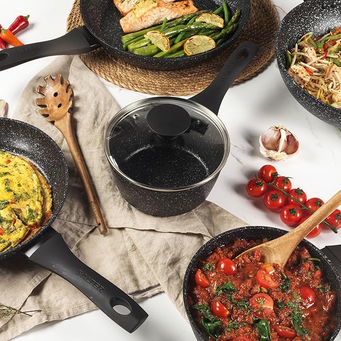 Salter BW05751S Megastone 3 Piece Pan Set - Non-Stick Cooking Pots Induction Hob Suitable 16/18/20 cm Saucepans Durable Forged Aluminium Cookware Includes Tempered Glass Lids Dishwasher Safe