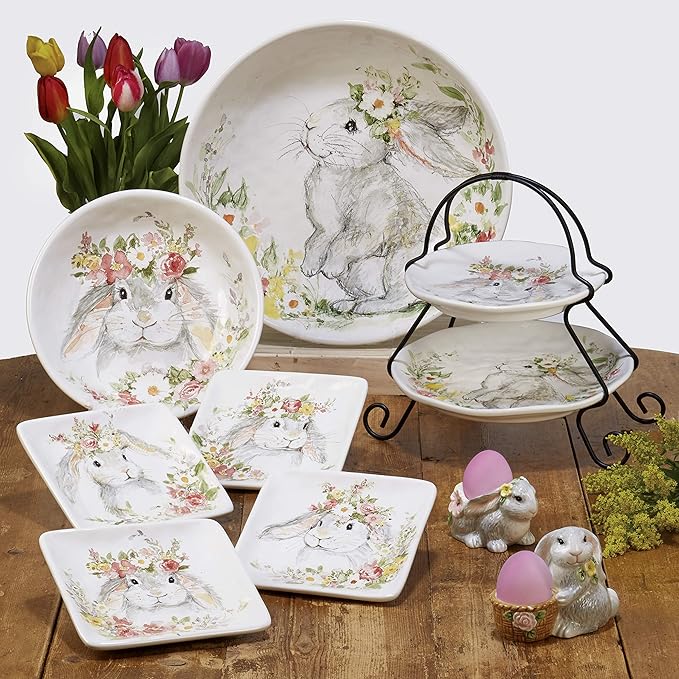 Sweet Bunny 16pc DINNERWARE SET for 4 Ceramic Easter Bunny Plates and Bowls Set Spring Tabletop Collection Durable Glazed Finish Dishwasher Safe Re-Mailer Packaging