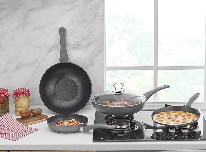 Saflon Titanium Nonstick 5 Piece Wok and Fry Pan Set 4mm Forged Aluminum with PFOA Free Scratch-Resistant Coating from England Dishwasher Safe
