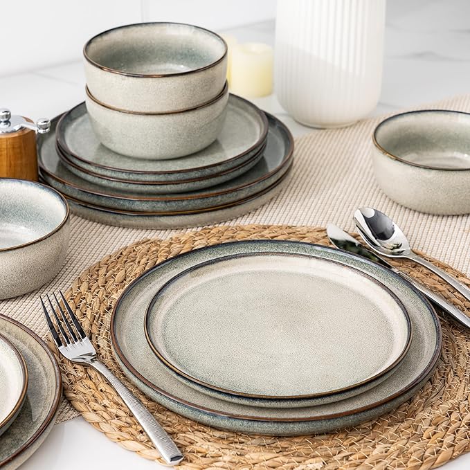 GBHOME 24 Pieces Double Bowls Ceramic Dinnerware Sets for 6 Stoneware Plates and Bowls Set with Reactive Glaze Scratch Resistant Stoneware Dishes Set Dishwasher &amp Microwave Safe