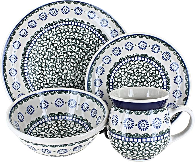 Blue Rose Polish Pottery - Green Maia 4 PC Place Setting - Service for 1-1 Place Setting - Great for Everyday Dining Casual Dining or as Formal Dinnerware