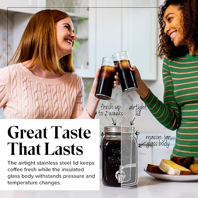 Willow &amp Everett Cold Brew Coffee &amp Iced-Tea Maker Pitcher 2 L Glass Dispenser w/Metal Spigot &amp Mesh Filter Iced Coffee &amp Sun Tea Brewing System