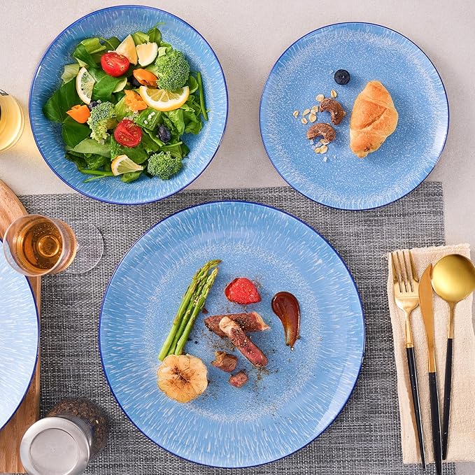 Bestone 12-Piece Round Porcelain Dinnerware Set Service for 4 Chip Resistant Plates and BowlsBlue Dishwasher &amp Microwave Safe for Home Daily Use