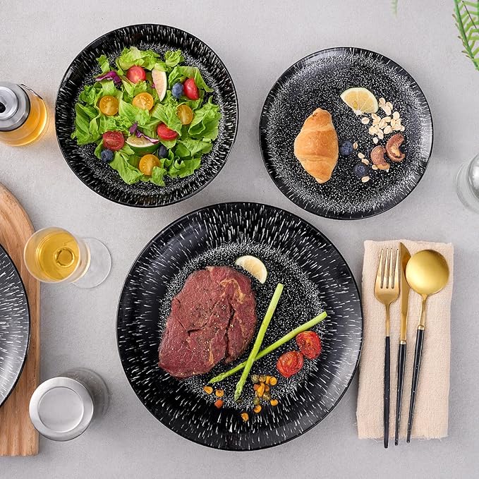 Bestone 12-Piece Round Porcelain Dinnerware Set Service for 4 Chip Resistant Plates and BowlsBlack Dishwasher &amp Microwave Safe for Home Daily Use