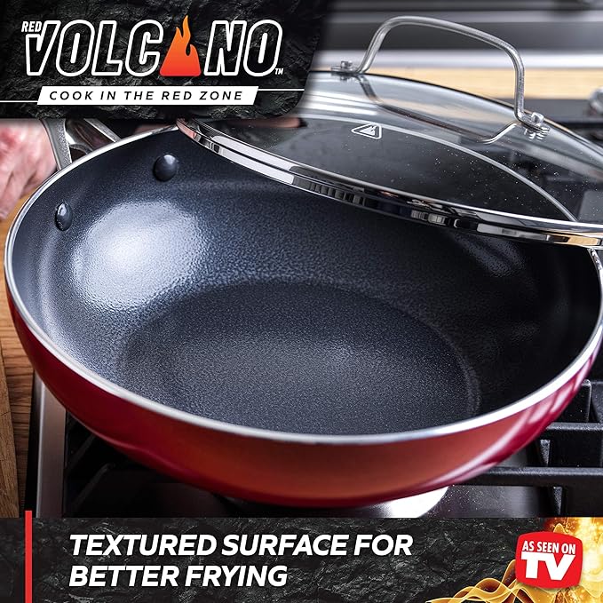 Textured Ceramic Nonstick 11 Flat Bottom Wok Stir-Fry Pan with Lid for High Heat Cooking Oven &amp Broiler Safe to 600 Degrees Dishwasher Safe PFAS PFOA &amp PTFE Free Red