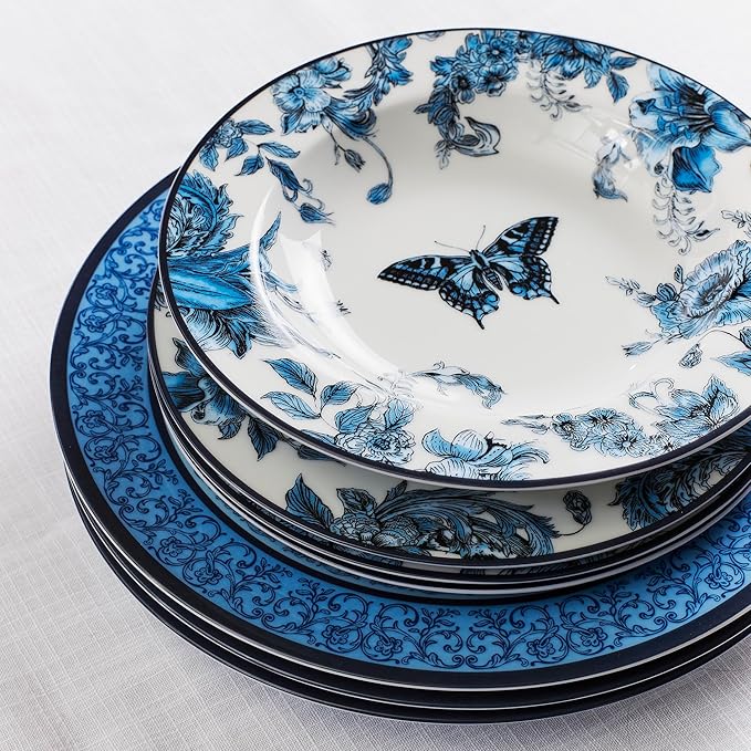 Marchesa Monarcha 4-Piece Dinner Plate Set Porcelain Plates Dishwasher and Microwave Safe Dish Set for 4 Blue