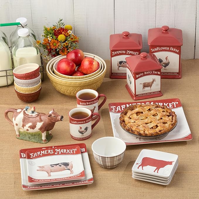Vintage Farm 16-Piece Dinnerware Set Includes 10.5-Inch Dinner Plates 8.5-Inch Salad Plates 16-Oz Mugs &amp 5.25-Inch Bowls Farm Animal Design with Red Accents Rustic &amp Dishwasher Safe