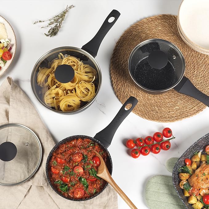 Salter BW05751S Megastone 3 Piece Pan Set - Non-Stick Cooking Pots Induction Hob Suitable 16/18/20 cm Saucepans Durable Forged Aluminium Cookware Includes Tempered Glass Lids Dishwasher Safe