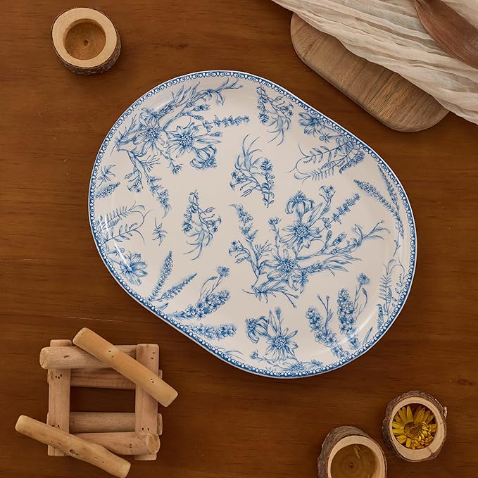 Bico Blue Garden Toile De Jouy 16 plus 12 inch Oval Platters Set Set of 2 Microwave and Dishwasher Safe for Serving Fish Chicken Turkey
