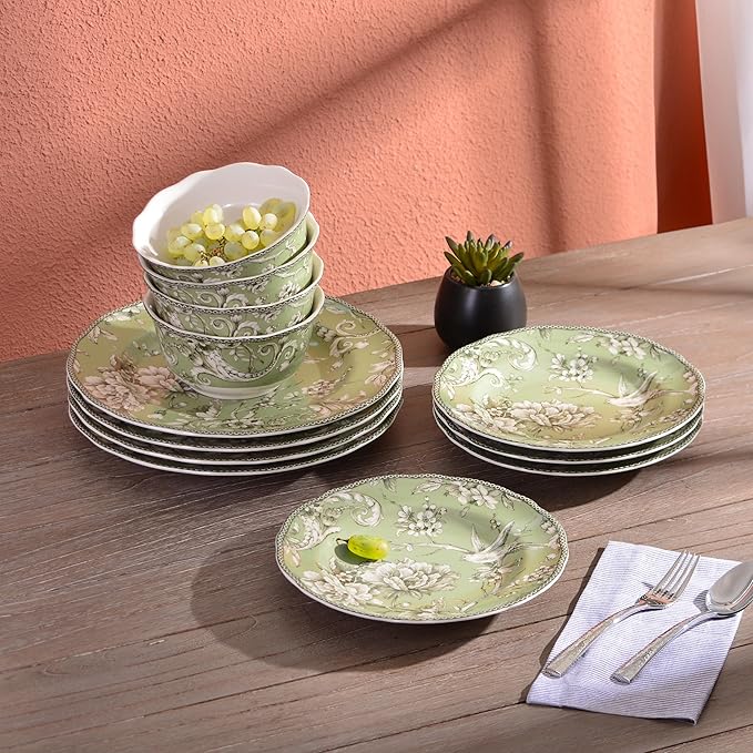 222 Fifth Adelaide Sage 12-Piece Green Porcelain Dinnerware Set – Service for 4 Big Dinner Plates and Bowls Sets Green with White Floral Pattern for Daily Entertainment Microwave &amp Dishwasher