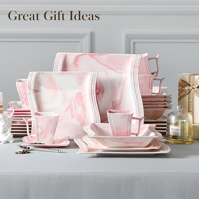 MALACASA Dinnerware Sets 30-Piece Pink Plates and Bowls Sets for 6 Porcelain Dinnerware Set with Plates and Bowls Cups and Sacuers Square Dish Set Modern Dining Ware Set Series Flora