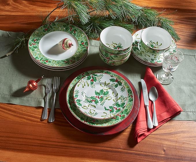 222 Fifth Christmas Foliage 12-Piece Porcelain Dinnerware Set for 4 - Glossy White Plates and Bowls Sets with Green Holly and Berry Design Durable Ceramic Dish Set for Holiday Dining Elegant Dishes