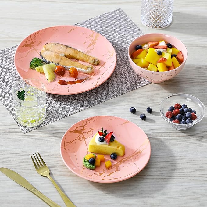 LOVECASA Pink Dinnerware Sets for 4 12 Piece Porcelain Plates and Bowls Sets Gold Splash Dish Set Modern Ceramic Dinner Set Dishwasher Microwave Safe