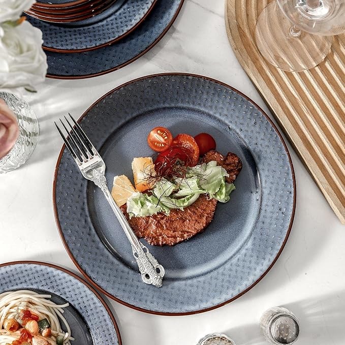 HVH Plates and Bowls Sets 16 Pieces Stoneware Dinnerware Sets Kitchen Dishes Set for 4 Dinner Dessert Plates Cereal Bowls and mugs for Party and Dinner Cross Pattern Farmhouse Style (Dark Blue)