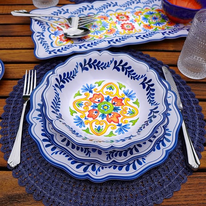 Flores Melamine 12 Pc Dinnerware Set Service for 4 – Unbreakable Outdoor Plates and Bowls Vibrant Floral Design Great for Entertaining Patio Dining Gifting and Everyday Use