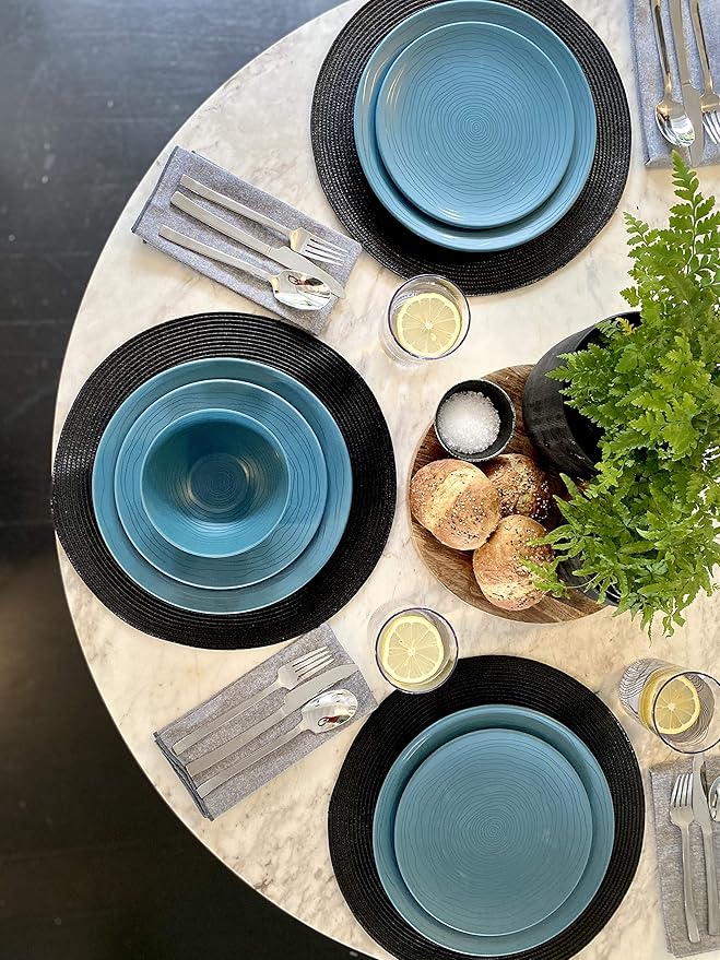Bzyoo 12 Piece Melamine Dinnerware Set - Durable Dishwasher Safe Plates and Bowls - Casual Dining Parties Blue Dish Set Organica Blue Collection