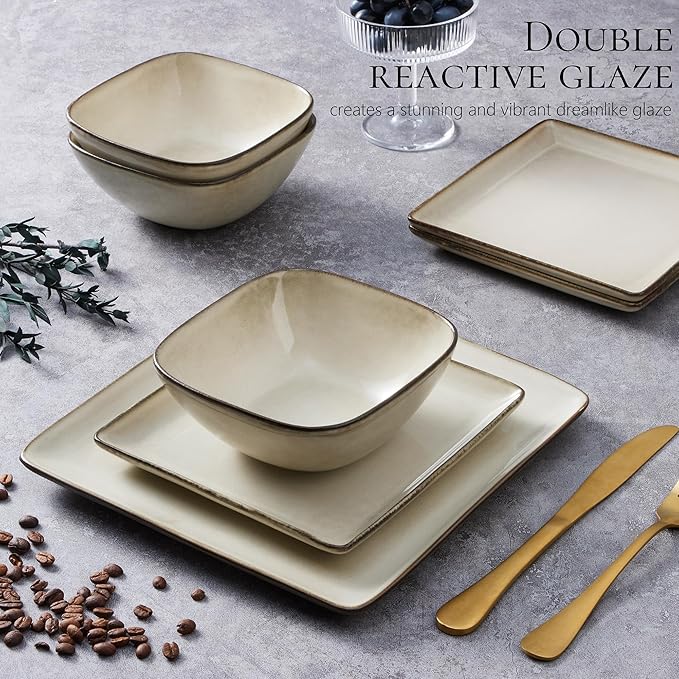 Vesteel 12 Pieces Square Dinnerware Sets Ceramic Plates and Bowls Sets for 4 Handmade Reactive Glaze Dishes Set for Kitchen Dining Microwave &amp Dishwasher Safe Khaki