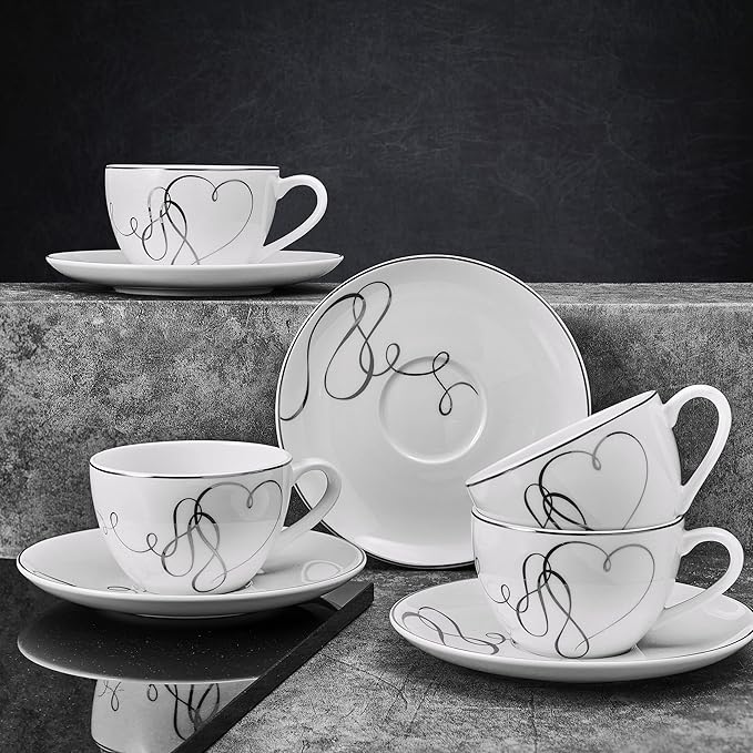 Mikasa Love Story Platinum Banded Teacup and Saucer Set Set of 4 9.6-Ounce