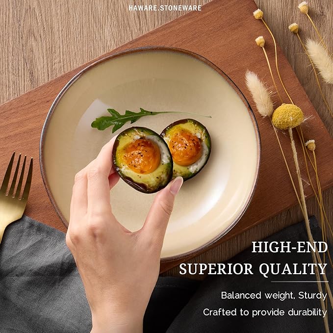HaWare Dinnerware Sets 24-Piece Stoneware Plates and Bowls Set Dish Set for 8 Ceramic Dishware for Home Restaurant Chip and Scratch Resistant Microwave and Dishwasher Safe Reactive Sandy Khaki