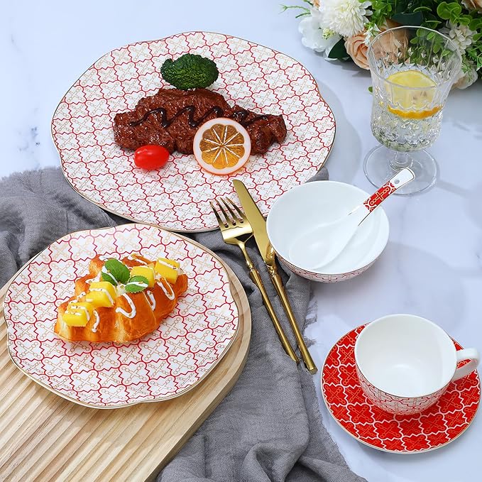 24 Piece Red Poreclain Dinnerware SetBone china Set for 4Ceramic Plates and Bowls Sets With checkered cross patternHighly Chip and Crack Resistant | Oven &amp Dishwasher (Red + Checkered Cross)