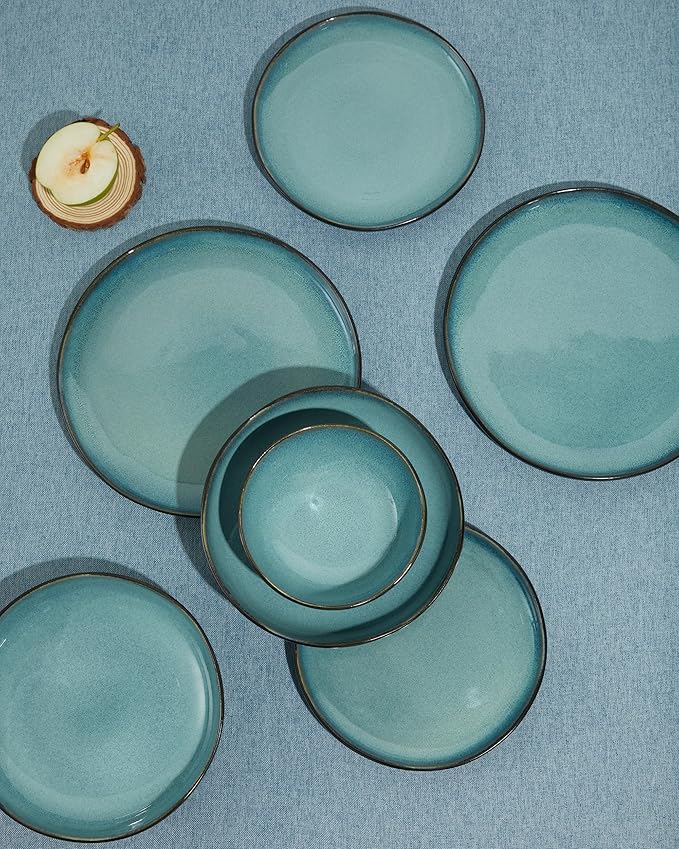 32 Piece Dinnerware Set for 8 with Pasta Bowls Green Black Reactive Glaze Stoneware | All‑in‑One Host Set for Entertaining Holiday Meals Multi‑Course Dinners | Unique Irregular Coastal Look