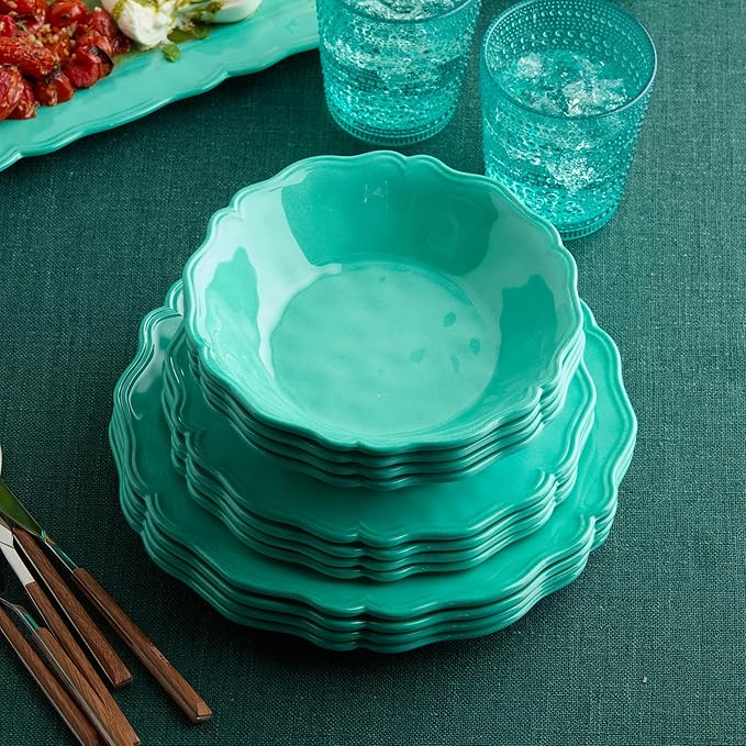 Isabella Teal 12-Piece Melamine Dinnerware Set for 4 – Vibrant Crackle Glaze Plates &amp Bowls with Scalloped Edges Durable Lightweight Dishwasher Safe for Everyday and Outdoor Dining
