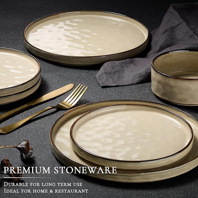 Vesteel Dinnerware Sets 12-Piece Stoneware Plates and Bowls Set Dishes Set for 4 Elegant Ceramic Dinnerware for Home Restaurant - Khaki