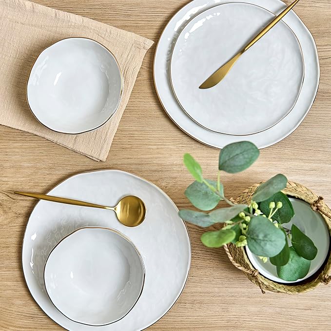 Sango 12-Piece Lightweight Porcelain Dinnerware Set for 4 Glossy Vanilla White Plates and Bowls Sets Gold Rims Farmhouse Ceramic Dish Set Rustic Dishes Microwave and Dishwasher Safe Gansevoort