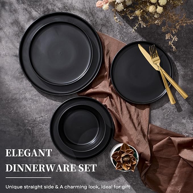 Vesteel Dinnerware Sets for 4 12Pcs Stoneware Plates and Bowls Sets Elegant Tableware set for Home Restaurant Chip &amp Scratch Resistant Dishes Set Black